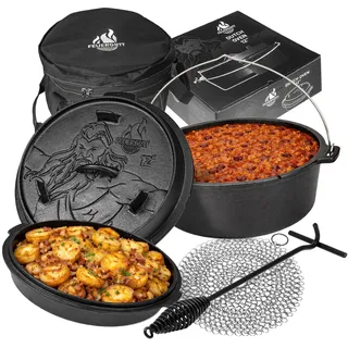 FEUERGOTT Dutch Oven Set 6 l ohne Füße Gusseisen Feuertopf Schwarz mit Deckelheber Ringreiniger Transporttasche Outdoor Kochtopf für Grill Feuerstelle Camping BBQ Brot Schmoren Braten