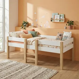 Bellabino Aspy Kinderbett 90x200 cm – Hochbett mit Rausfallschutz & Lattenrost – Halbhochbett mit Leiter aus Kiefer Massivholz in Weiß/Natur – Jugendbett für Jungen und Mädchen