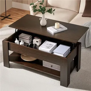 Yaheetech Couchtisch aus Holz Kaffeetisch mit Stauraum höhenverstellbarer Beistelltisch, Dunkelbraun - Dunkelbraun