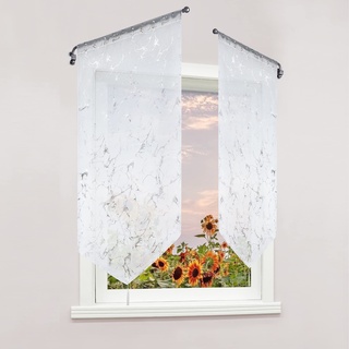 Delien Voile 1 St. Scheibengardine Modern Türgardine Transparente Bistrogardinen mit Silbermuster Kurzstores Küche Fenster Kurz Gardine mit Quaste Panneaux mit Tunnelzug BxH 40x90cm,Weiß