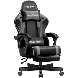 Riftracer Gaming Stuhl Chair Gamer Sessel - Ergonomischer Gamer Stuhl mit Fußstütze Kopfstütze und Lordosenstütz Höhenverstellbar Gepolstert Gamingstuhl 200 Kg Tragkraft Schwarz und Grau