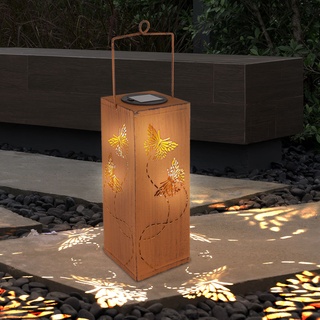 Solarleuchte Gartendeko Laterne rost Gartenleuchte Außenlampe, Schmetterling Dekorstanzungen, Metall, LED, LxH 10,2 x 26 cm