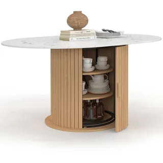 Ausziehbarer Runder Esstisch Juliette 4-8 Personen Lattenfuß Mit Stauraum Und Tischplatte Mit Weißem Marmoreffekt 110-150 Cm