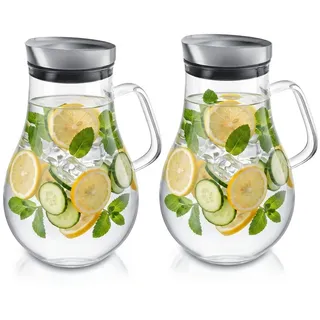 Arendo Karaffe 2x Glaskaraffe 2,0 L, Edelstahldeckel, Henkel, Grobfilter, (2-tlg., 2000 ml mit Edelstahl-Deckel, Grobfilter und ergonomischem Henkel), Wasserkaraffe, Borosilikatglas, 2000 ml, Sieb, BPA-frei silberfarben|weiß