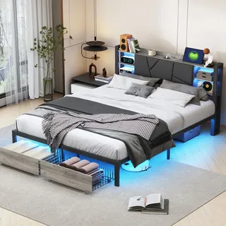 ProximaX Polsterdoppelbett 140 x 200 cm, Metallbett mit 2 Schubladen, LED-Stauraumkopfteil mit Steckdose, Bettgestell mit Metall-Lattenrost, Staura...