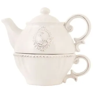 Clayre & Eef Teekanne TEA FOR ONE 400 ML Beige KERAMIK VÖGEL RUND TEEKANNEN SET TEESET beige