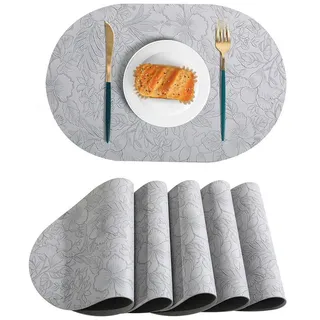 BYSURE Platzset, (6-St), Abwaschbar Tischsets aus Leder, 6er Set Oval Platzsets 43 x 30 cm grau