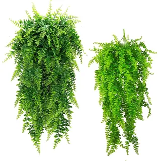 GBESTWOOW Boston Ferns Künstliche persische Rattan-Hängepflanze, künstliche Grünpflanze, UV-beständig, Kunststoffpflanzen für Wand, Hochzeit, Party, Dekoration, 2 Stück