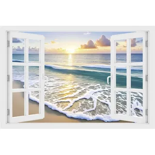DesFoli Wandtattoo Sonnenuntergang Meer - verschiedene Rahmentypen DW000113 Farbe Fensterrahmen Querformat, Größe 90 cm x 60 cm