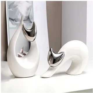 Tauzveok Katzen Deko Statue, Modern Abstract Kunst Skulpturen,Katze Skulptur für Dekoration Wohnzimmer, Büro, Schlafzimmer, Keramik,Glückskatze,Silver 2