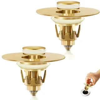 Waschbecken Ablaufstöpsel, Universal Pop-Up Abflussstöpsel aus Messing und Edelstahl, Mattschwarz, 1,1-1,5 Zoll Durchmesser, mit Haarsieb (Gold*2)