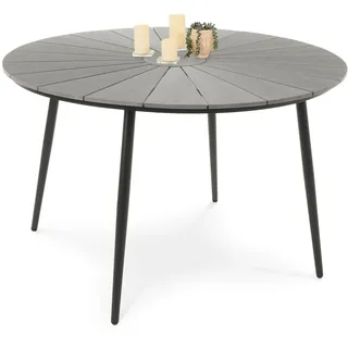di volio Gartentisch rund 120 cm aus Aluminium Holzoptik wetterfest Palermo | Für 6 Personen, Nivellierfüße, 150 kg belastbar, Kunstholzplatte, pflegeleicht, Terrasse, Balkon, Gartenlaube