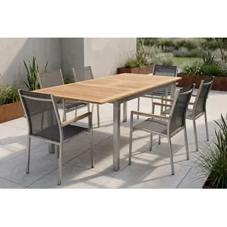 STERN Cardiff Garten-Essgruppe, silber/silbergrau, Edelstahl/Teak, Tisch 150/200 x 90 cm, 6 Stapelsessel