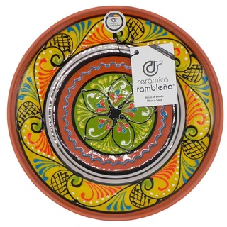 CERÁMICA RAMBLEÑA | Dekorativer Teller zum Aufhängen | Keramikteller - Mediterraner Dekoteller Gelb-Weiß-Grün | 100% Handarbeit | 21x21x2.5 cm