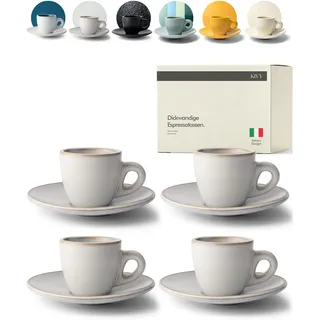 KIVY Espressotassen Set [4 x 75ml] - Handgefertigt aus dickwandigem Steingut Tasse - Espresso Tassen Set mit Untertasse - Espressotassen dickwandig italienisch - Espressotasse Beige Grau - Mokkatassen