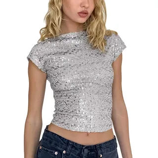 MLKLDOU Damen-Tanktop mit Glitzer-Pailletten, rückenfrei, schimmernd, Camisole Top, kurzes, modisches schmales T-Shirt für Damen und Mädchen - L