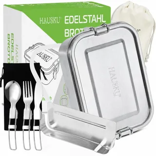 HAUSKU Brotdose Edelstahl mit Fächern 1400 ml - Lunchbox mit Bewegliche Trennwand und Besteck, Auslaufsicher Brotdose Metall, BPA-frei, Spülmaschinenfest, Wiederverwendbar – Für Erwachsene & Kinder
