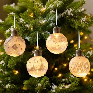 4 Stück LED Leuchtkugel Weihnachten, ∅ 8cm Beleuchtete Weihnachtskugeln LED Kugel Weihnachten Transparente Weihnachtskugeln Aufhänger mit Batterie Weihnachtsbaumkugeln mit Licht Baumkugeln für Deko