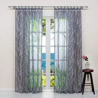 ESLIR Gardinen mit Kräuselband Vorhänge Transparent Wohnzimmer Fensterschal mit Zweige Muster Voile Grau BxH BxH 140x245cm1 Stück