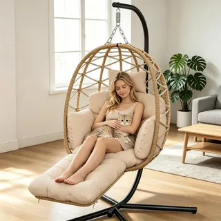 Hängesessel mit Gestell, Hängestuhl mit fußteil, Dicke Kissen, Hängeschaukel aus Rattan belastbar bis 150kg, Hanging Chair für Outdoor, Indoor, Garten, Balkon (Beige)