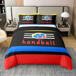 Homewish Handball 100% Baumwolle Bettbezug 135x200 Sport Bettwäsche Set für Kinder Jungen Männer Streifen Honeycomb Sechseck Ball Gaming Schwarz Rot Tröster Abdeckung Weich Bequem Bett Set