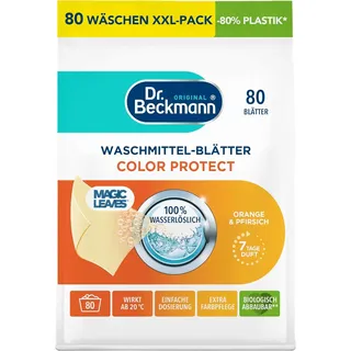 Dr. Beckmann Waschmittel-Blätter Color | Orange & Pfirsich | 80 Blätter | Vordosiertes Blattformat | Platzsparend & vegan | Orange-Pfirsich-Duft | Für Buntwäsche | Geruchsentfernung