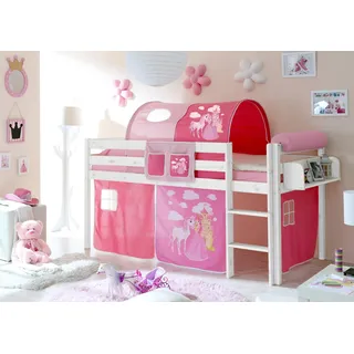 TICAA Hochbett Malte 90 x 200 cm inkl. Textil-Set und Matratze Kiefer massiv weiß horse-pink