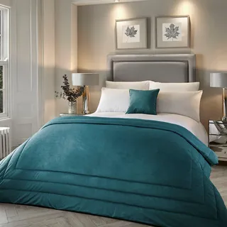 Laurence Llewelyn-Bowen - Blaugrüne Samt-Tagesdecke, 220 cm x 150 cm (L x B), Gesteppte Luxus-Tagesdecke in Blaugrün, superweiche Samt-Überwurfdecke für Bett, Samtdecke, blaugrüne Bettwäsche