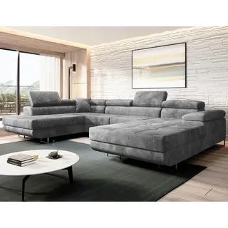 Easy4You Grau Ecksofa Varberg Velours in U-Form 345 x 72 x 205 cm mit Schlaffunktion und Bettzeugbehälter - Schlafsofa mit Bettkasten - Eckcouch m...
