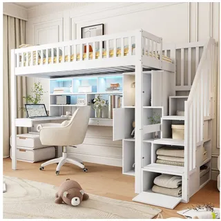 STILVORA Hochbett 90×200 erwachsene mit treppe,Bett mit Schreibtisch,ohne matratze (Hochbett 90x200 cm mit Schreibtisch, Fernbedienbarem Ambientelicht, Ablageleiter & Stauraum – Weißes Kiefernholz & MDF, Ideal für Kinderzimmer und Jugendzimmer, 90x200 cm) ohne Matratze