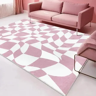 USTIDE Moderner rosa karierter Teppich für Wohn- und Schlafzimmer, weich, waschbar, rutschfest, großes Gitter- und Innenteppich, 120 x 180 cm