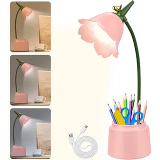 Schreibtischlampe Kinder mit Stifthalter, Dimmbare LED Nachttischlampe 3 Farbtemperaturen, Tischlampe mit 360° Flexibel Arm Schwanenhal, Wiederaufladbare Schreibtischlampe für Lesen, Lernen (PINK)