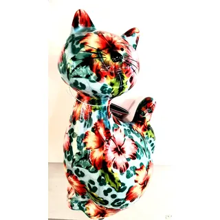 Pomme Pidou Spardose aus Keramik, Katze Karamell, Blau, Motiv rote Blumen, 12,5 x 10,3 x 21,5 cm