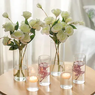 Hewory Glasvase Zylinder Kerzengläser für Tischdeko: 3mm Wandstärke Vasen Set 6er Windlicht Glas für Hochzeitsdeko - Zylindervasen Set Groß Vase Glas Glaszylinder für Deko Wohnzimmer Home Party