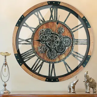 TOPPTIK 68 cm bewegliche Wanduhr, übergroße Wanduhren, Wohnzimmer-Dekor, Massivholzrahmen, batteriebetrieben, große Wanduhr mit Steampunk-Industrie für Kamin (braun)