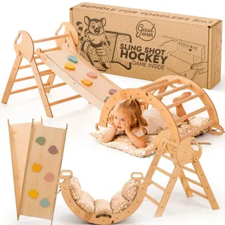 goodevas 5-in-1-Kletterständer für Kleinkinder, Dreiecksleiter, Kletterbogen, Balance und Kissen, Montessori-Rahmen, Holzraum, Klappspielzeug für Kinder von 1-3 Jahren