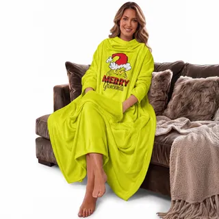 United Labels The Grinch TV Decke mit Ärmeln und Taschen Flauschige Kuscheldecke mit großer Bauchtasche Ärmeldecke 130 x 170 cm Grün