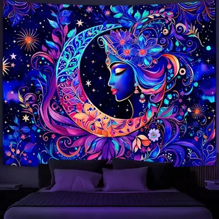Simpkeely Schwarzlicht-Wandteppich mit Mond und Stern, UV-reaktive Göttin Sonne, Mandala-Motiv, farbenfroher Boho-Design für Schlafzimmer/Wohnzimmer, 180 x 230 cm