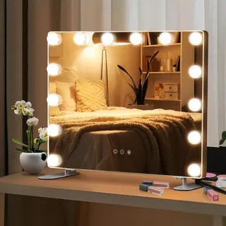 COSTWAY Hollywood Spiegel mit 14 dimmbaren LED-Leuchten, 3 Lichtfarben, 2-in-1 Tischspiegel & Wandspiegel mit Metallständer, Schminkspiegel Kosmetikspiegel mit Smart-Touch-Steuerung, 50 x 18 x 43 cm