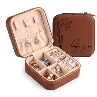 MeMeDIY Personalisierte Schmuckschatulle mit Namen/Blume Individuelles Leder Reise-Schmuckkästchen Schmuck-Organizer-Box Hochzeit Brautjungfer Geschenke für Frauen und Mütter A1-Braun