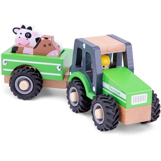 Holz-Traktor Mit Anhänger In Grün