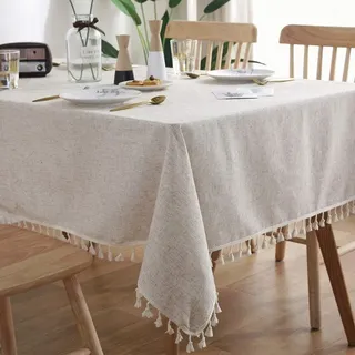 Fleckenabweisende Tischdecke Aus Baumwoll-leinen-mischgewebe Mit Streifen Und Quasten (rechteckig)