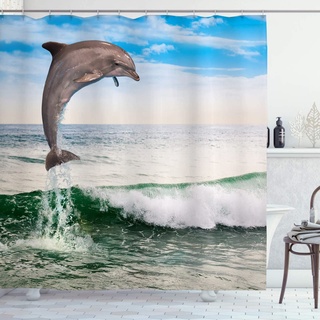 OCEUMACO Duschvorhang 3D Delphin Meer 180x200 Ocean Tiere Motiv Shower Curtains Textil Antischimmel Wasserdicht Duschvorhänge Badewanne Stoff Polyester Waschbar Lang Vorhang mit Haken