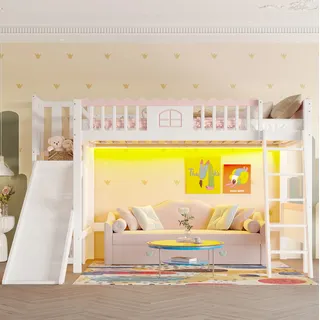 Hochbett Kinderbett Aus Kiefernholz Und Mdf, Weiß, 90x200 Cm, Mit Rutsche, Regalen Und Led-licht