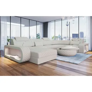 Sofa Dreams Wohnlandschaft Berlin U Form Mini Leder, Designersof, 6-Sitzer, LED-Beleuchtung, Couch, Kopfstützen, USB-Anschluss, Ottomane beige
