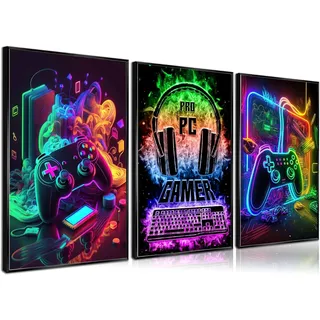 PPV Coole Gaming-Wandkunst im Retro-Stil: Buntes Neon-Gamepad als Aquarell-Poster. Perfekt für Jungenzimmer, Kinderzimmer, Spiel- und Schlafzimmer. 3er-Set, 30,5 x 40,6 cm