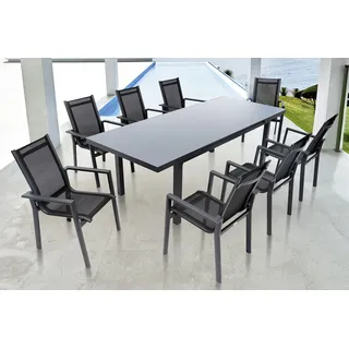 OUTFLEXX Premium Garten-Essgruppe, anthrazit matt, Alu/Textilene, Tisch 180/240x100cm, 8 Stapelsessel