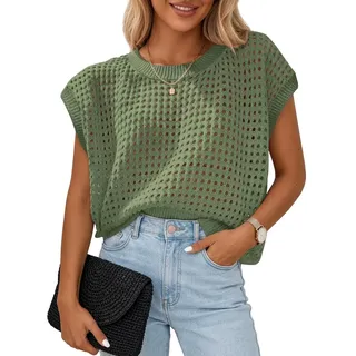 Chicrise Oberteil Damen Kurze Ärmel Mesh Loose Pullover Sommer Strick Netzshirt Häkel Grün Klein 34-36 S - S