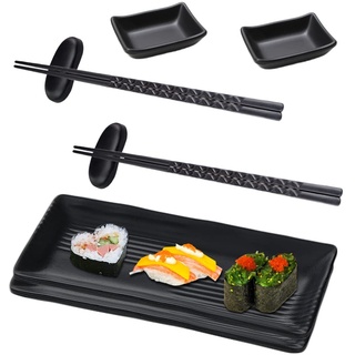 Sushi Platte mit Dipschalen, Sushi Geschirr mit Stäbchen , Japanese Sushi Sushi Teller, Geschirr-Set mit 2 Paar Essstäbchen + 2 Essstäbchenablagen + 2 Teller + 2 Dipteller, Schwarz