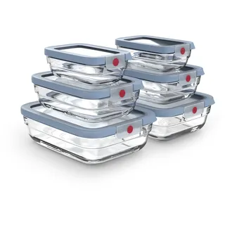 EMSA OneClick Glas Set 6-tlg. Lebensmittelaufbewahrungsboxen, Food storage | ofenfest bis 420 °C, 100% auslaufsicher, mikrowellen- und spülmaschinengeeignet, 2x 0.45 L, 2x 1 L, 2x 2 L, Blau, N1241050
